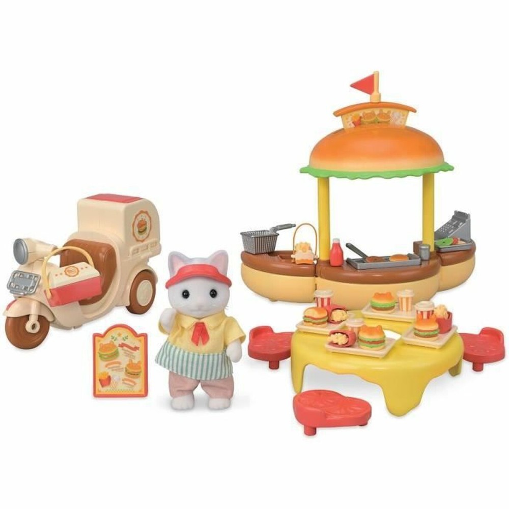 Accessoires pour poupées Sylvanian Families Puesto de hamburguesas - Papa Latte Cat y Scooter 30 Pièces