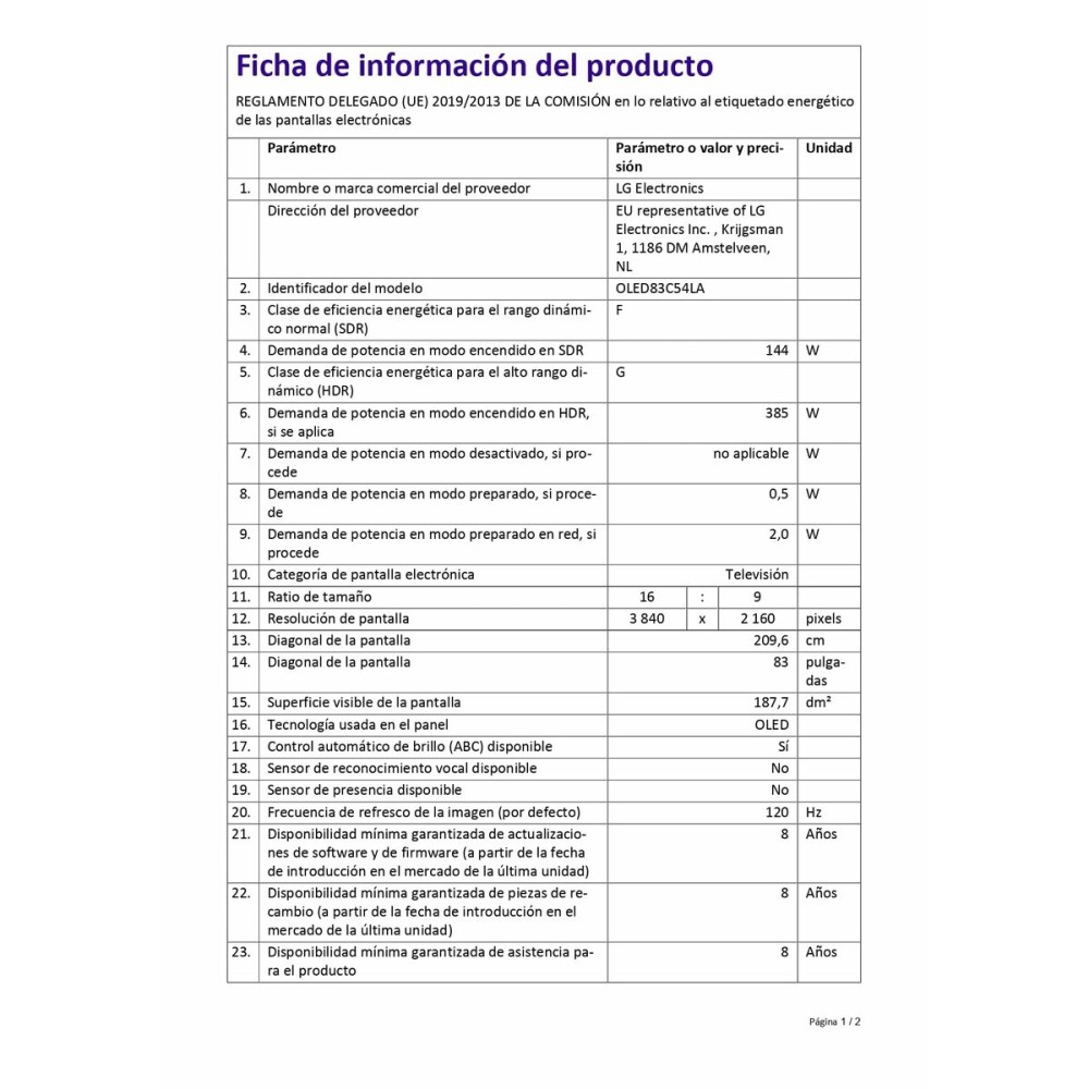 TV intelligente LG OLED83C54LA 4K Ultra HD (4K Ultra HD) 83" (83") HDR OLED (HDR) (OLED)