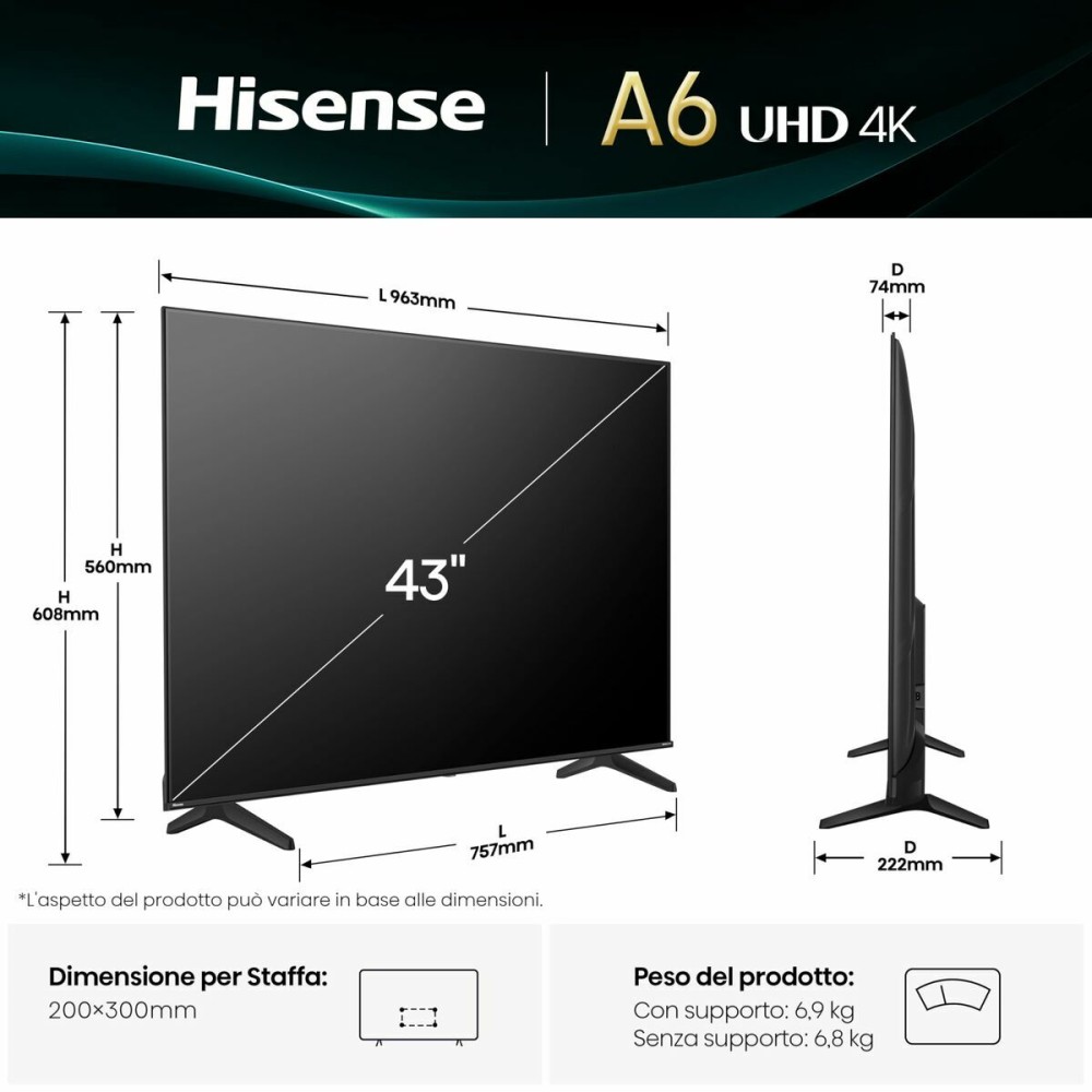 TV intelligente Hisense 43A6Q 43" 4K Ultra HD LED HDR D-LED