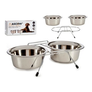 Pet feeding dish Double 24,5 x 11 x 52,5 cm Silver Stainless steel 2,6 L (2 x 2600 ml)