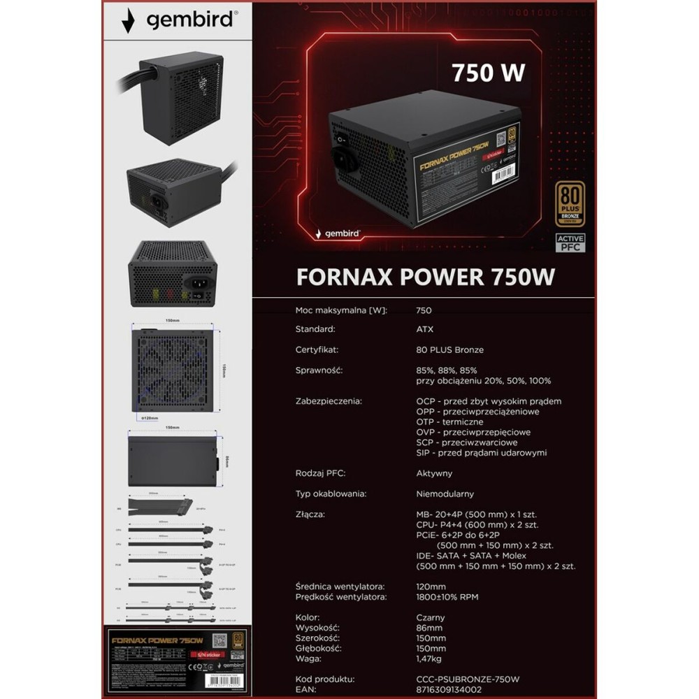 Power supply GEMBIRD CCC-PSUBRONZE-750W