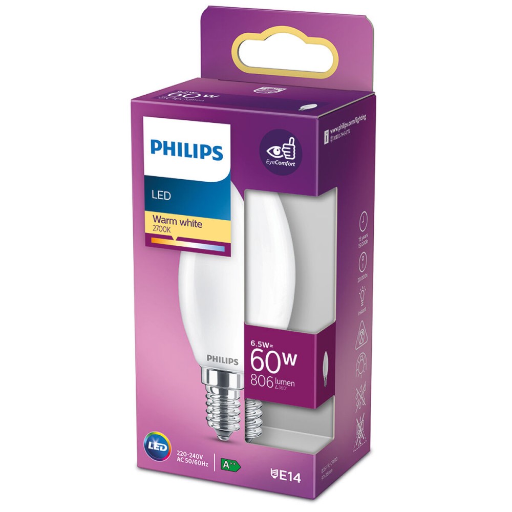Lampe LED Philips Bougie E 6,5 W 60 W E14 806 lm 3,5 x 9,7 cm (2700 K)