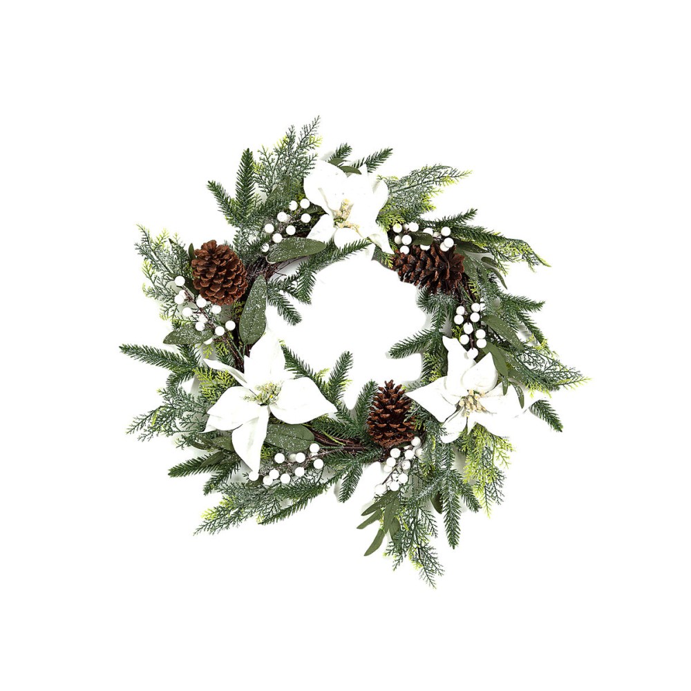 Couronne de Noël Romimex Blanc Marron Vert Polyéthylène Fleurs 60 x 60 x 60 cm