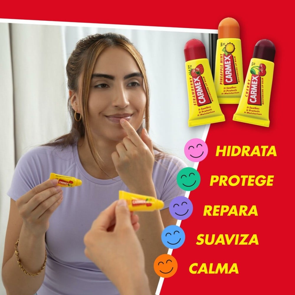 Moisturising Lip Balm Carmex Triplo Transparent Spf 15 Strawberry Pineapple Cherry 3 Pieces (3 Units)