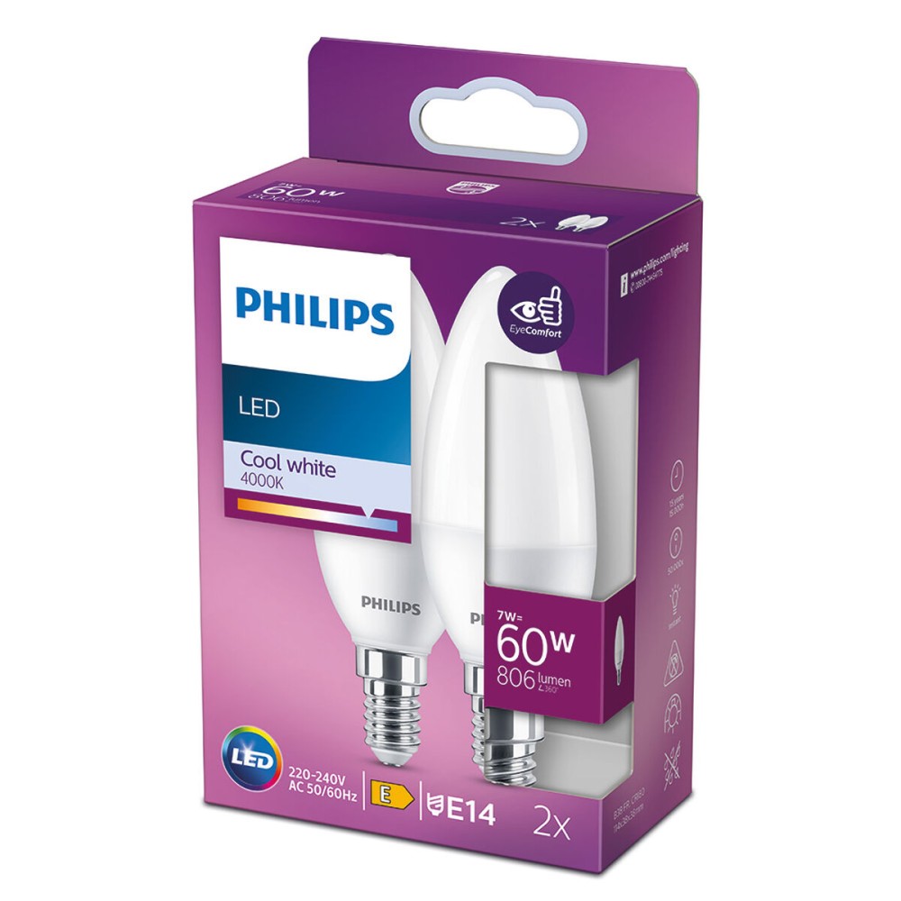 Kerzenförmige LED-Glühbirne Philips E 7 W E14 806 lm Ø 3,8 x 11,4 cm 2 Stück (4000 K)