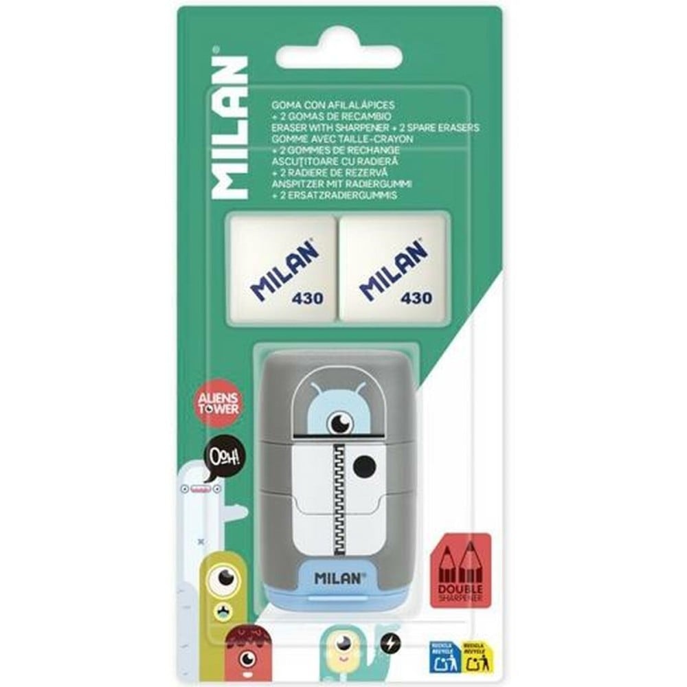 Ensemble Gomme et Taille-Crayon Milan COMPACT ALIENS Multicouleur 3 Pièces (12 Unités)