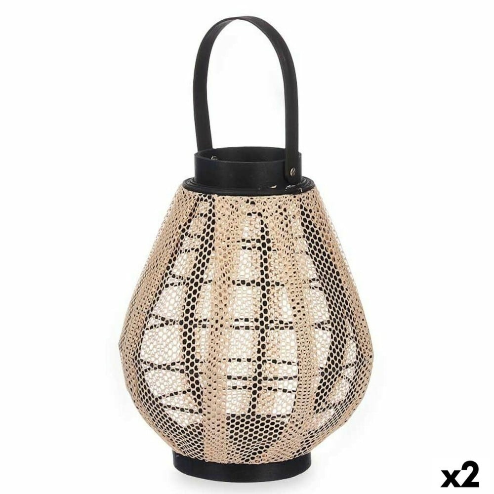 Laterne Gift Decor D23028S Schwarz Beige Holz Stoff Glas Laterne 25 x 30 x 25 cm Mit Griff (2 Stück)