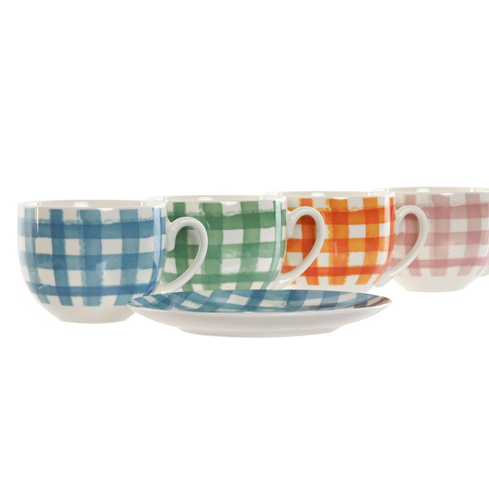 Set of 6 Cups with Plate Home ESPRIT Blue Green Orange Pink Porcelain Stripes Mediterranean 240 ml