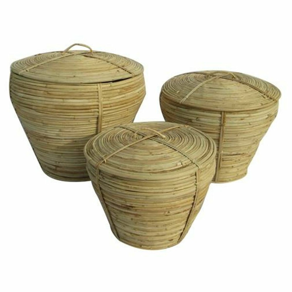 Panier Multi-usages DKD Home Decor Naturel Tropical 35 x 35 x 30 cm 35 x 35 x 34 cm 37 x 37 x 34,5 cm Avec couvercle 3 Pièces
