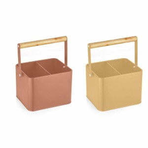 Panier à couverts DKD Home Decor Jaune Terre cuite Métal Pin Vintage 18 x 15,5 x 24 cm (2 Unités)