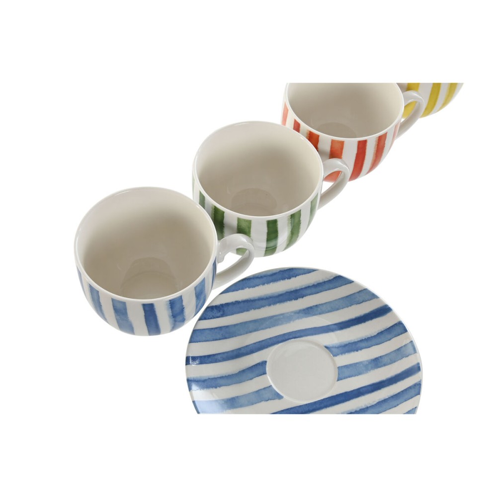 Set of 6 Cups with Plate Home ESPRIT Yellow Blue Green Coral Porcelain Stripes Mediterranean 240 ml