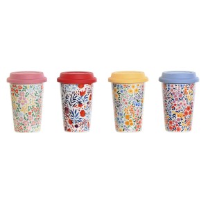 Tasse mit Deckel DKD Home Decor Bunt Blomster 400 ml (4 Stück)
