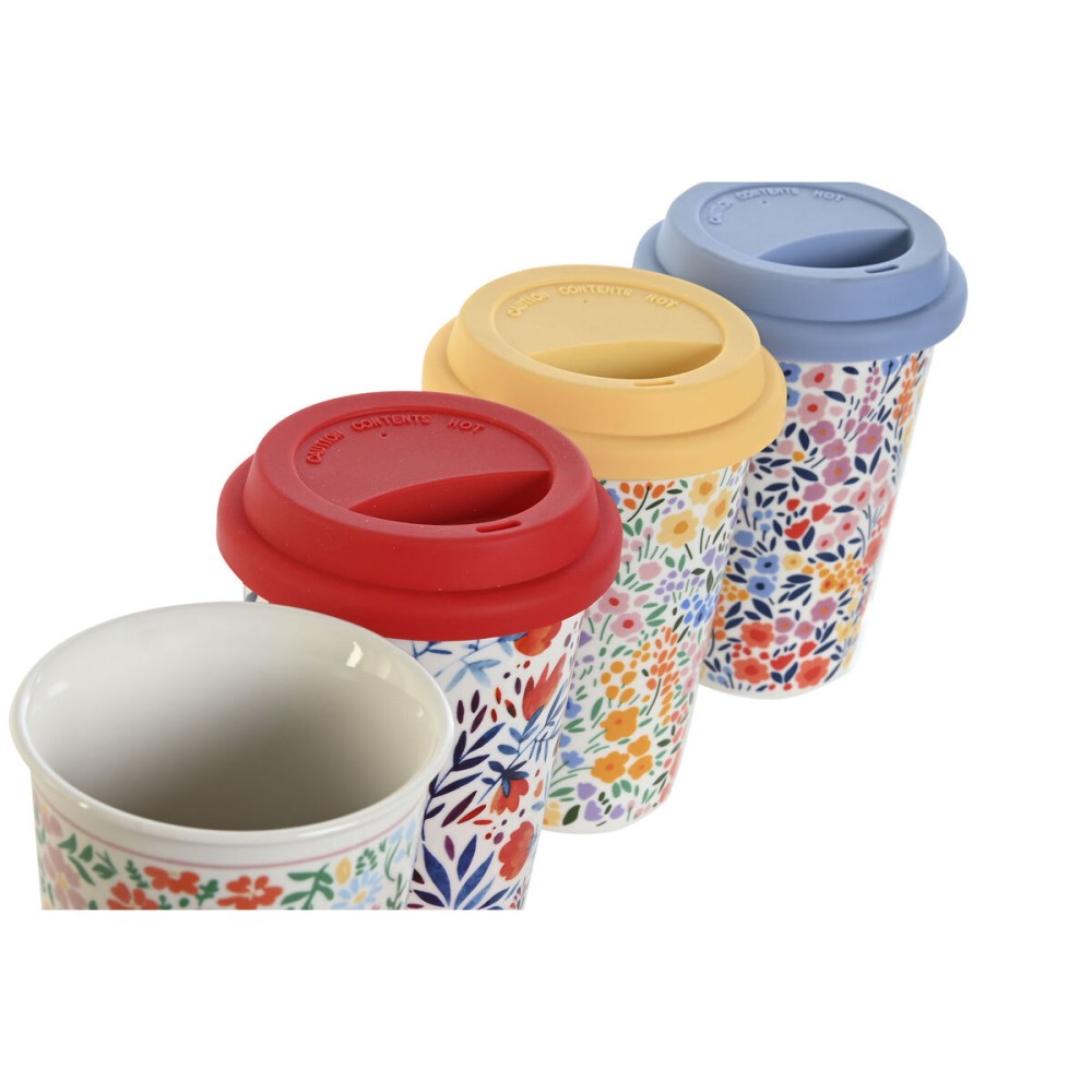 Tasse mit Deckel DKD Home Decor Bunt Blomster 400 ml (4 Stück)