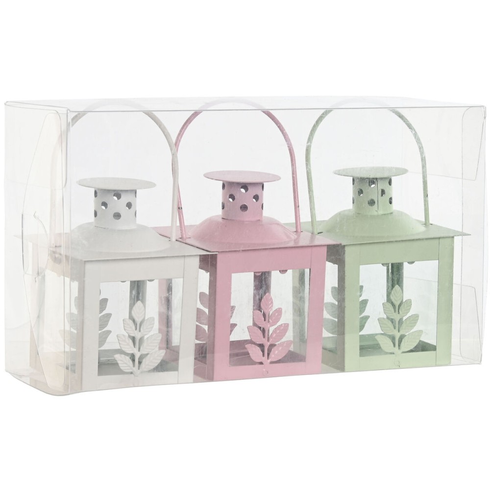 Laternen-Set Home ESPRIT Weiß grün Rosa Kristall Eisen Shabby Chic 7 x 7 x 10 cm (3 Stücke) (4 Stück)