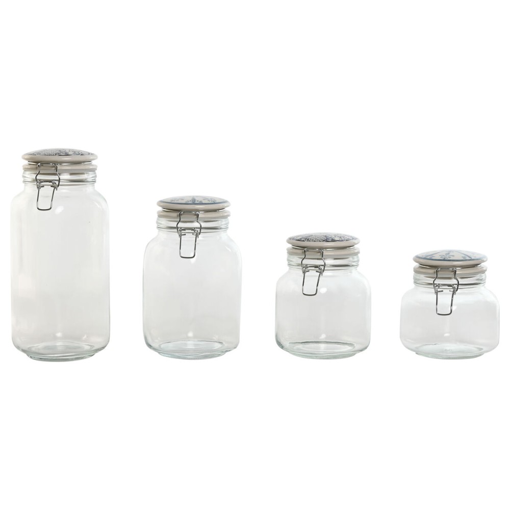 Set de 4 Boites Home ESPRIT Bleu Blanc Métal Silicone Verre Grès 800 ml 1 L 1,5 L 2,2 L 4 Pièces