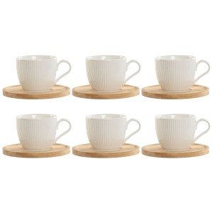 Set of 6 Cups with Plate Home ESPRIT White Natural Bamboo Porcelain 220 ml