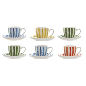 Set aus 6 Teetassen mit Teller Home ESPRIT Gelb Blau grün Koralle Porzellan Streifen Mediterraner 90 ml