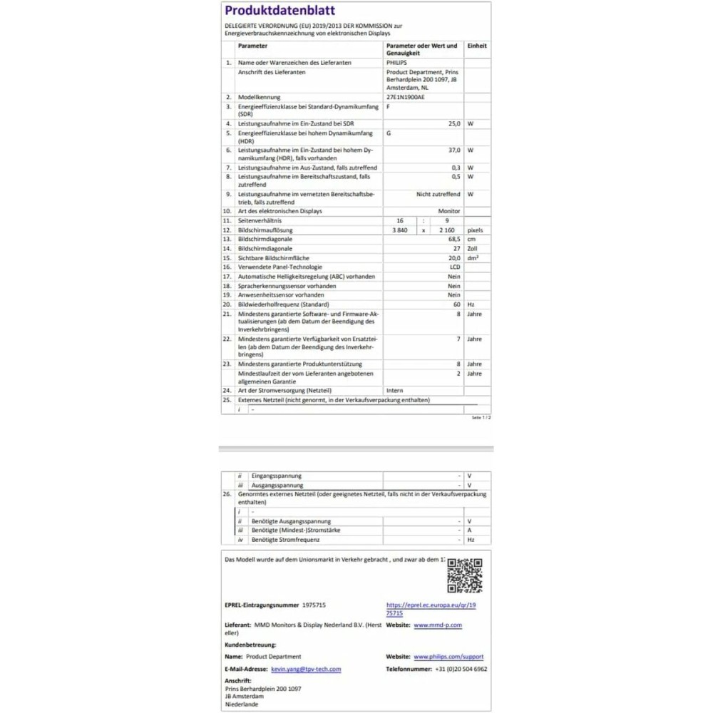 Gaming-Monitor Philips 27E1N1900AE/00 4K Ultra HD 27"
