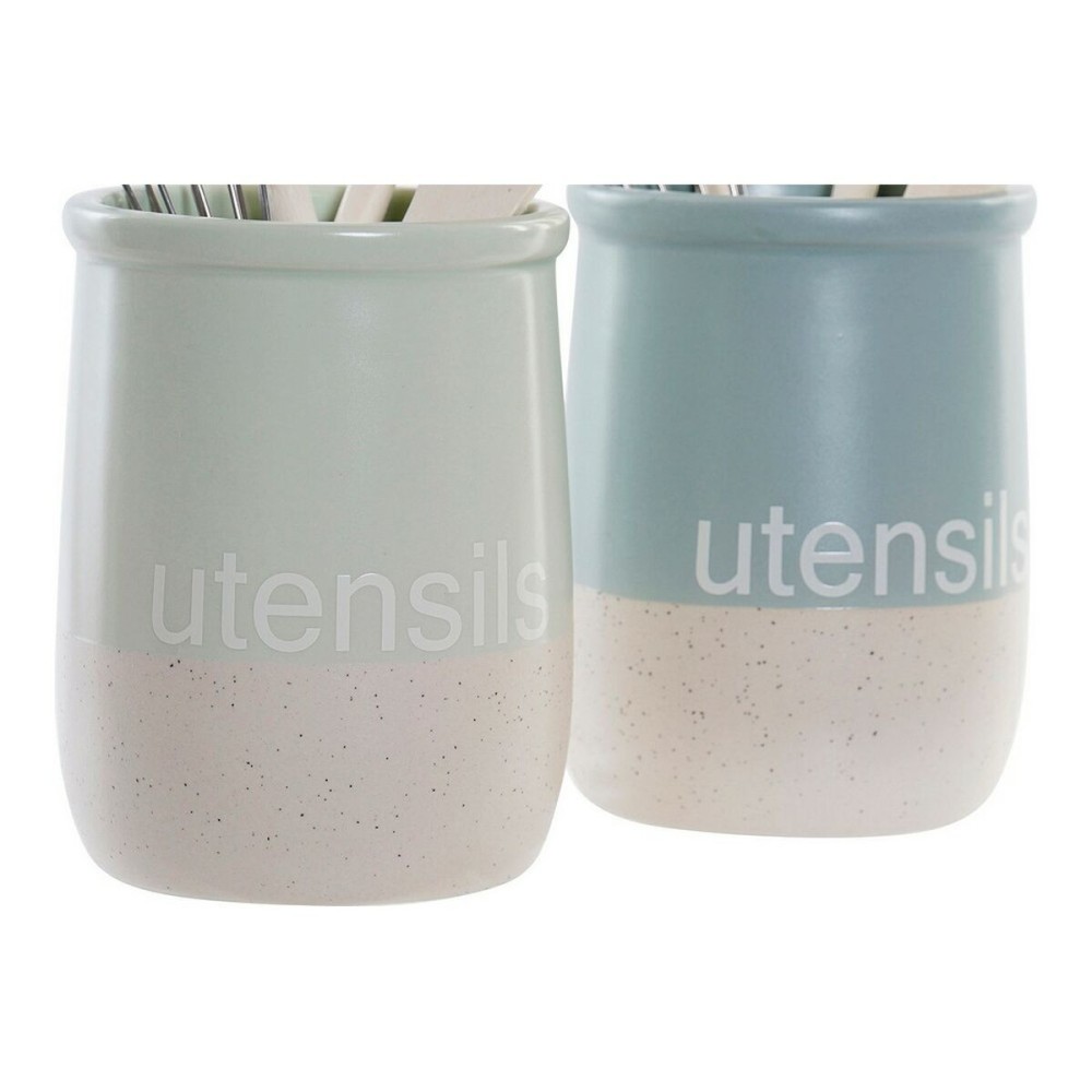 Pot for Kitchen Utensils DKD Home Decor Rubber wood Stoneware 10 x 10 x 14 cm (2 Units)