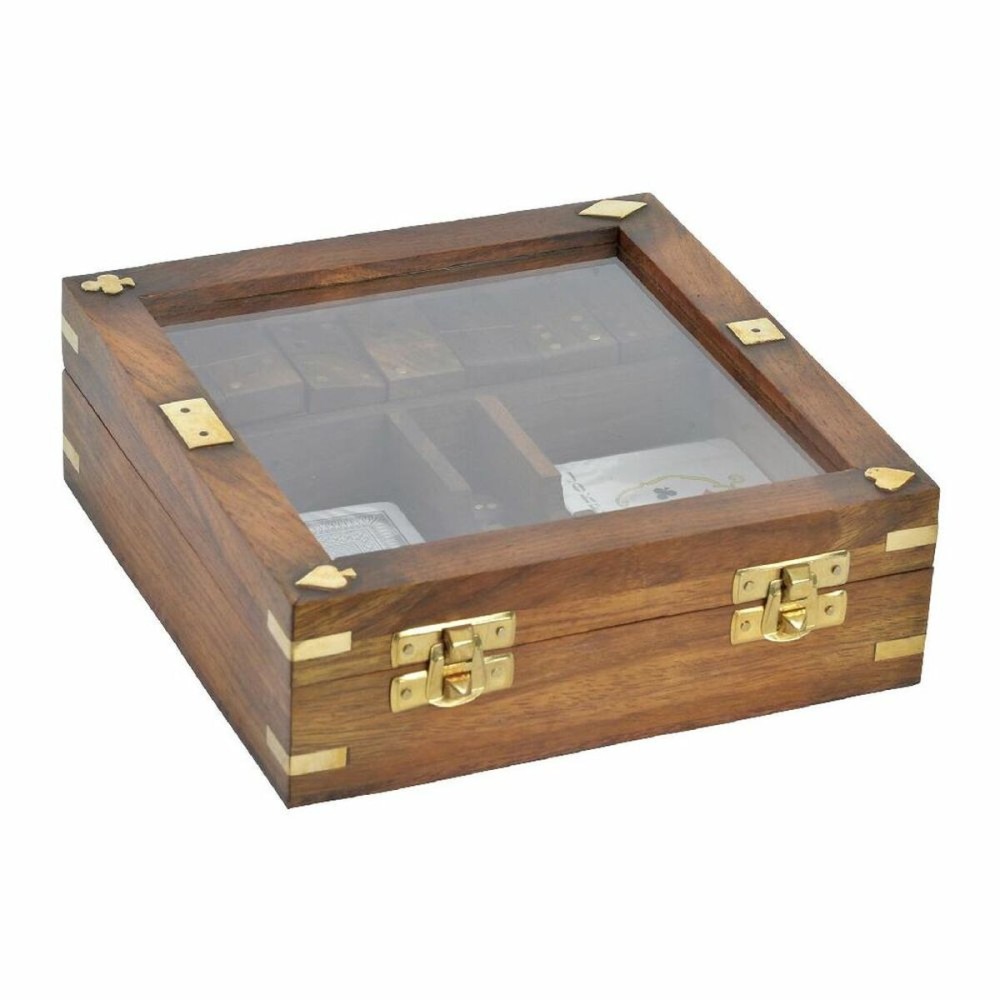Jeu en bois DKD Home Decor Sheesham Marron Doré 17 x 17 x 5,5 cm 4 Pièces
