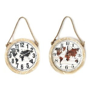 Wanduhr DKD Home Decor Schwarz Braun Schnur Holz MDF Weltkarte (2 pcs) (50 x 4 x 50 cm)