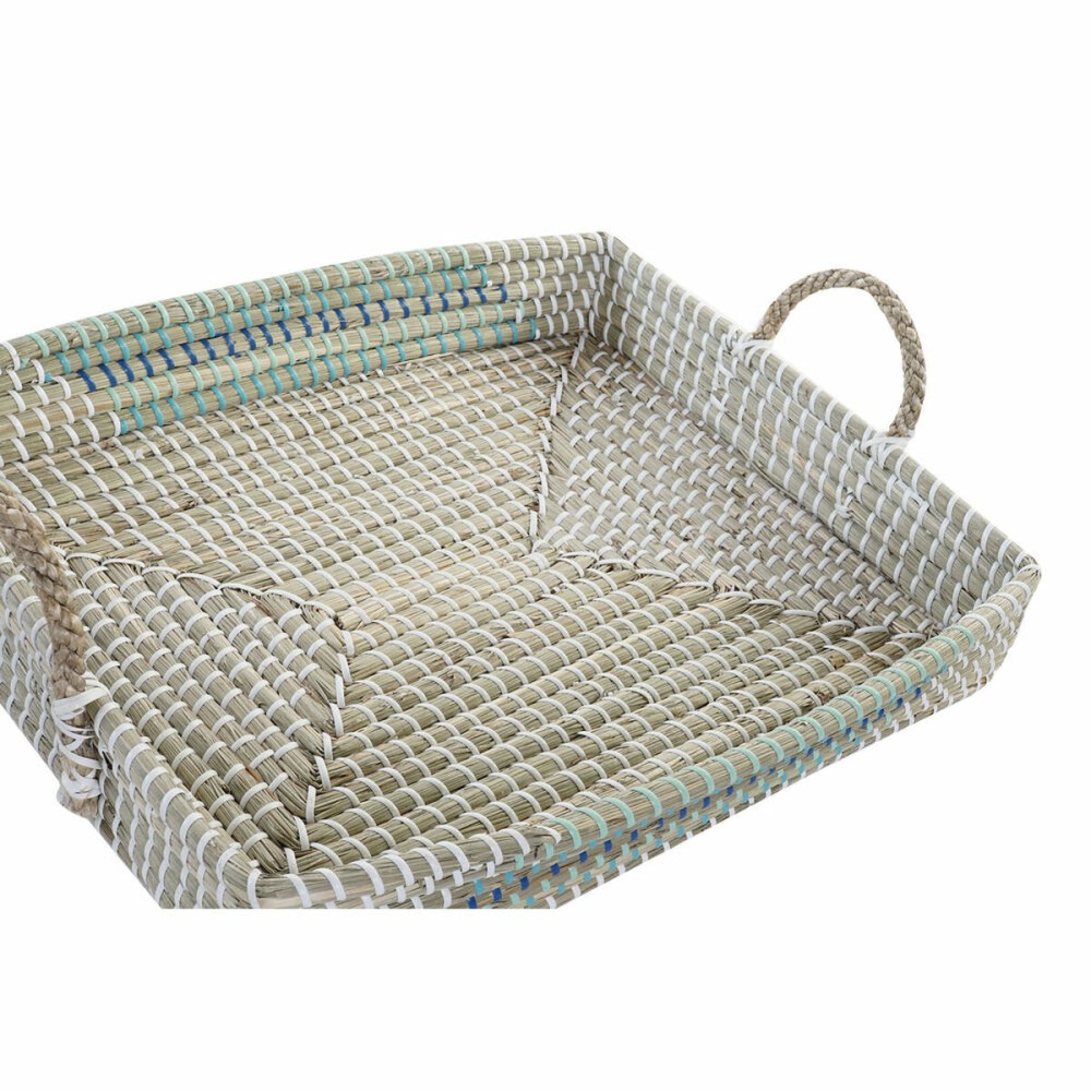 Jeux de plateaux DKD Home Decor Blanc Turquoise Naturel 48 x 38 x 15 cm (2 Unités)