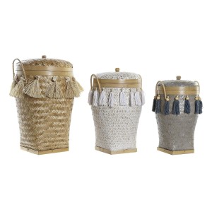 Set de boîtes décoratives DKD Home Decor Blanc Gris Naturel Bambou Frange Boho (3 Pièces)