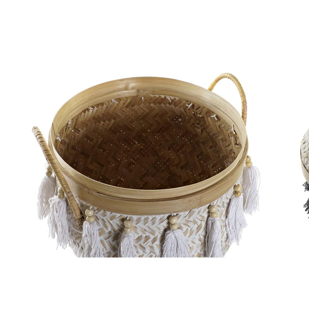 Set de boîtes décoratives DKD Home Decor Blanc Gris Naturel Bambou Frange Boho (3 Pièces)