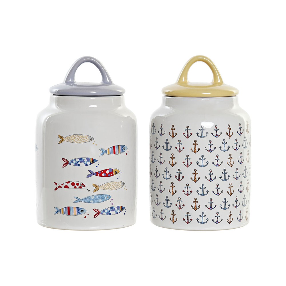 Gefäß DKD Home Decor Weiß Bunt Steingut Mediterraner (2 Stück)
