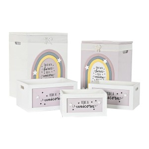 Set of Baskets DKD Home Decor Yellow White Grey Pink Paolownia wood Children's 40 x 30 x 55 cm 5 Pieces (5 Units)