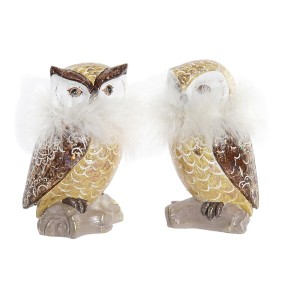 Weihnachtsschmuck DKD Home Decor Eule Gold Weiß Harz (7,5 x 7,5 x 14 cm) (2 Stück)