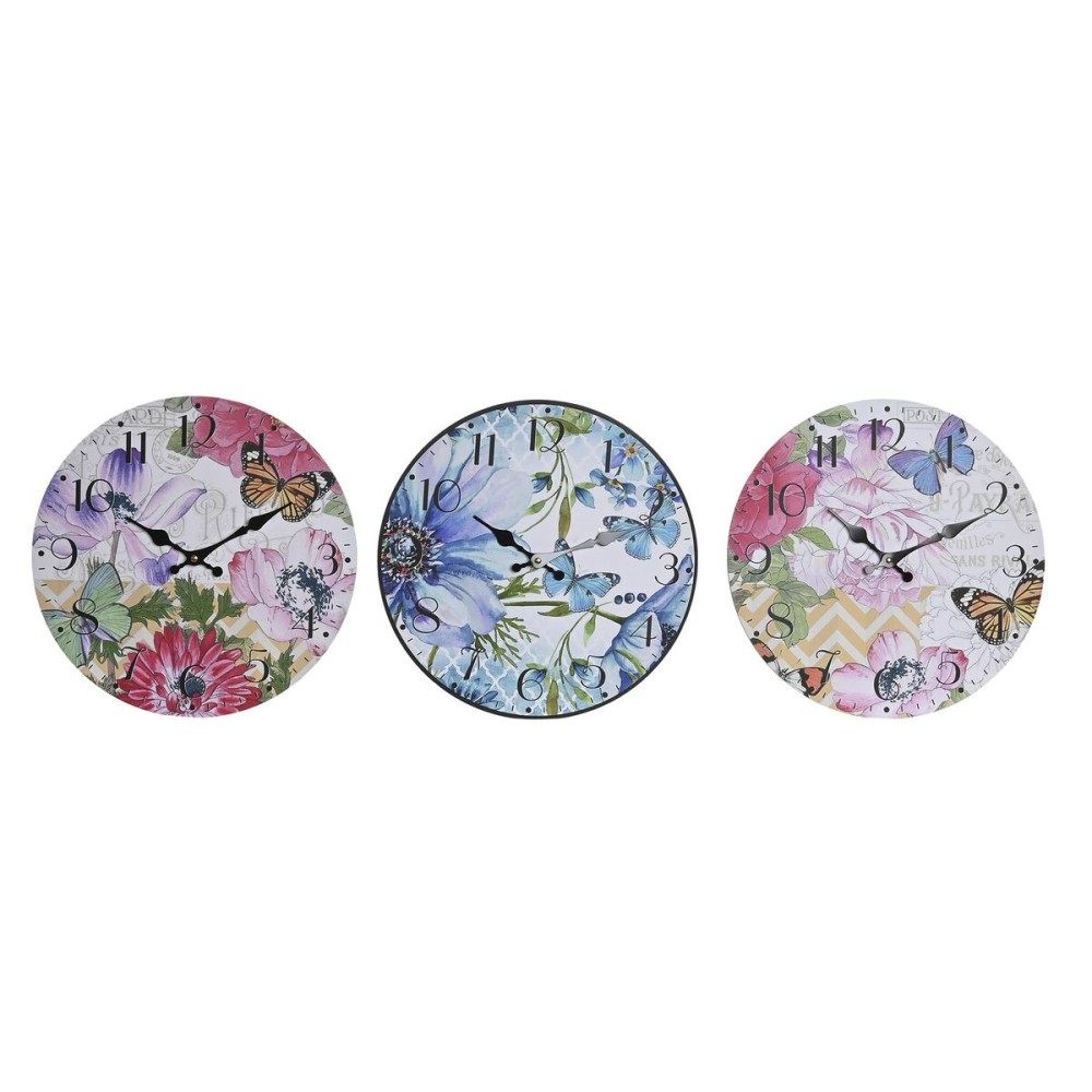 Wanduhr DKD Home Decor Bunt Blomster Holz MDF (34 x 4 x 34 cm) (3 Stück)