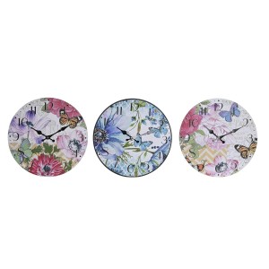 Wanduhr DKD Home Decor Bunt Blomster Holz MDF (34 x 4 x 34 cm) (3 Stück)
