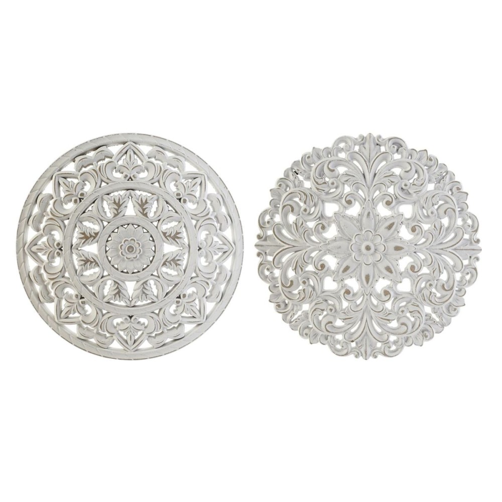Décoration murale DKD Home Decor Blanc Mandala Indien Finition vieillie 30 x 2 x 30 cm (2 Unités)