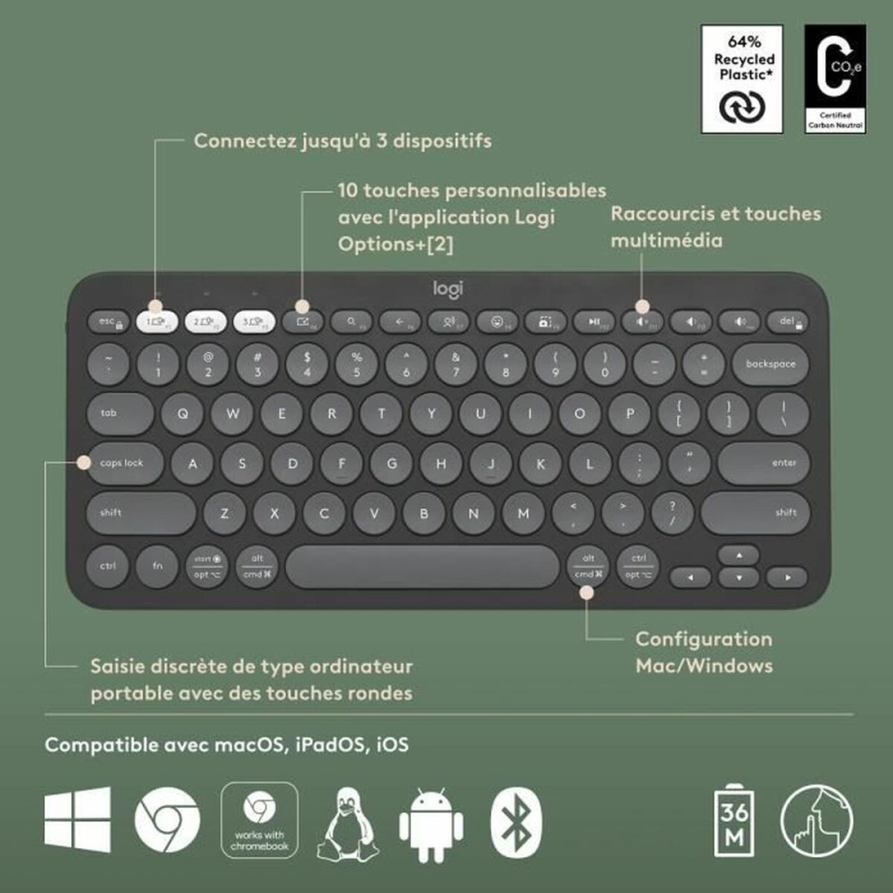 Bluetooth-Tastatur für Tablet Logitech K380 Französisch Grau Graphit Dunkelgrau AZERTY