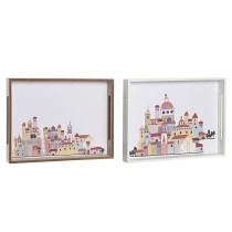 Tablett für Snacks DKD Home Decor Bunt Holz MDF Cottage Häuser (2 Stück) (40 x 30 x 5 cm)
