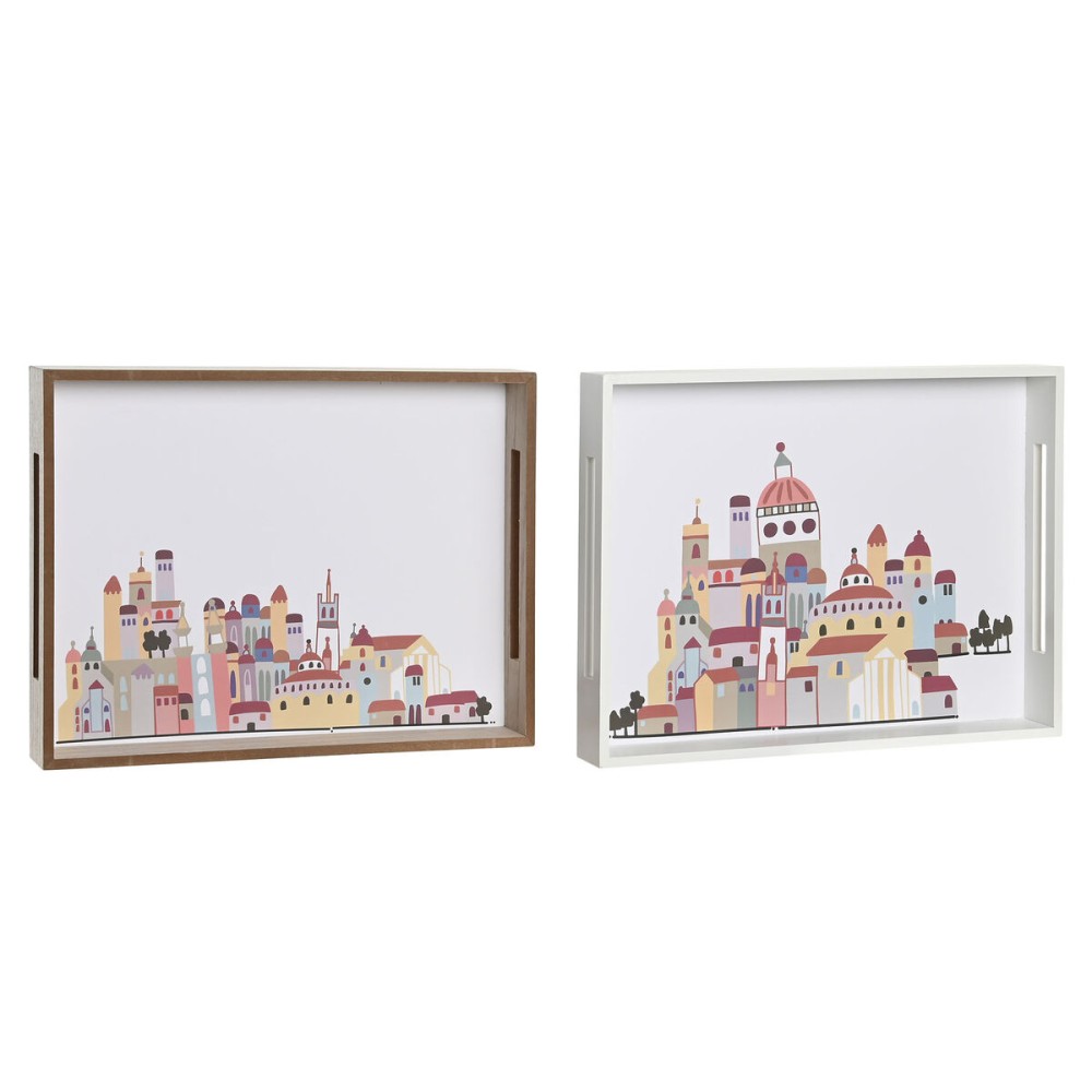 Snack tray DKD Home Decor Multicolour MDF Wood Cottage Houses (2 Units) (40 x 30 x 5 cm)