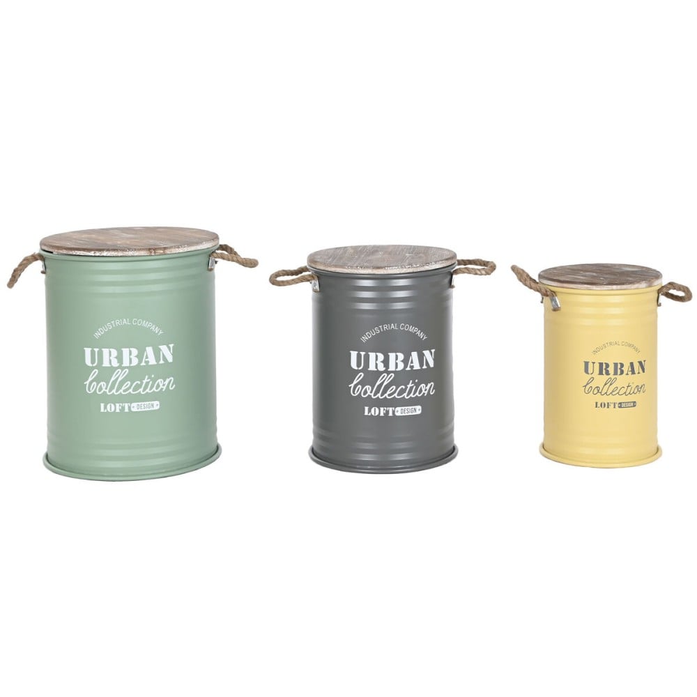 Bidon décoratif Home ESPRIT Jaune Vert Gris Brun foncé Métal Bois de paulownia Vintage 38 x 38 x 48 cm (3 Unités)