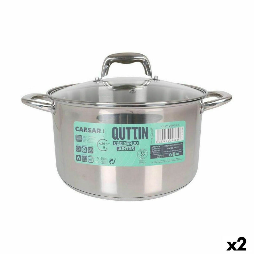 Topf mit Glasabdeckung Quttin Caesar Stahl ø 26 x 15,5 cm (2 Stück)