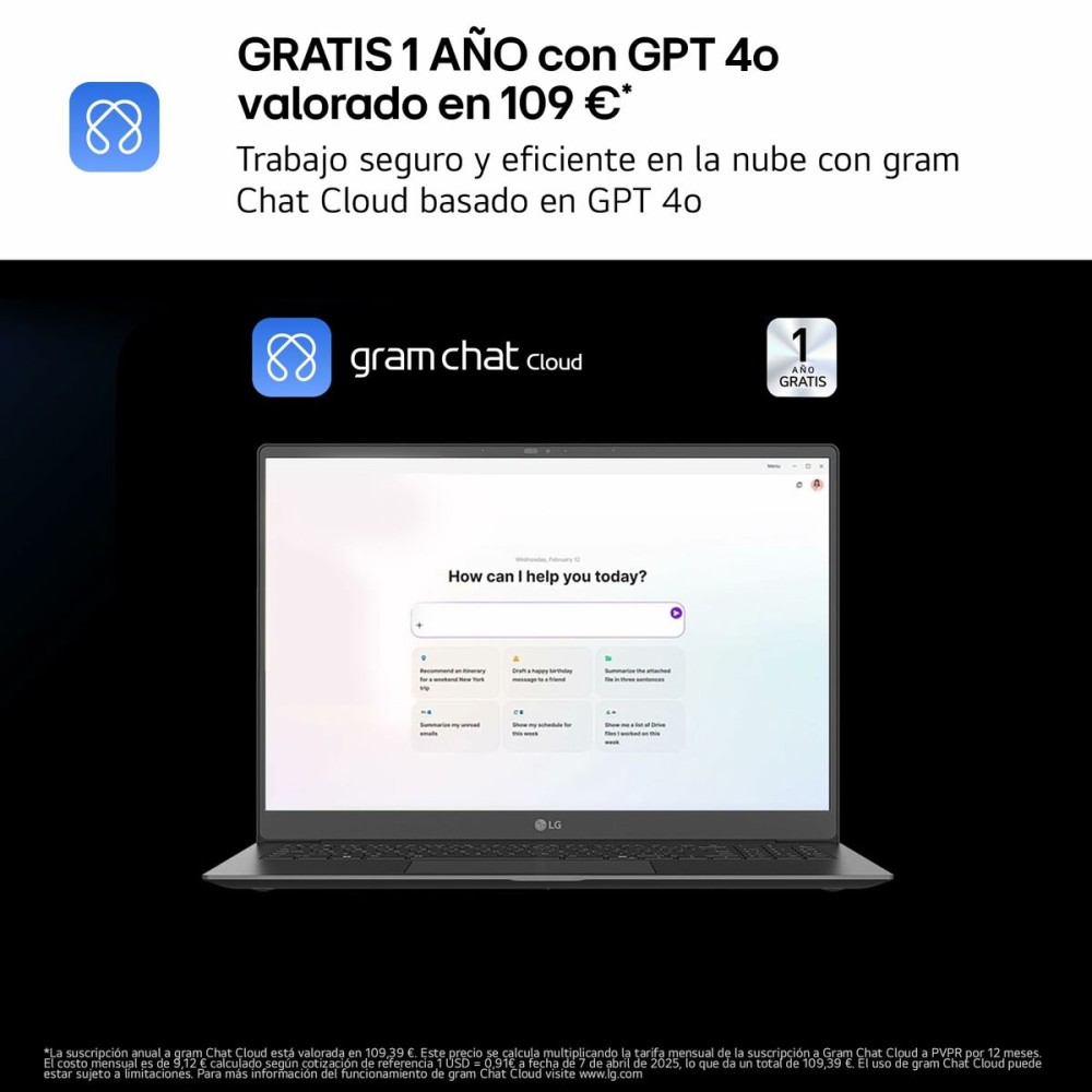 Ordinateur Portable LG 16Z90T-G.AD88B 16" intel core ultra 7 32 GB RAM 1 TB SSD Espagnol Qwerty