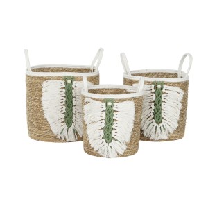 Set de basket Home ESPRIT Blanc Vert Naturel Fibre naturelle Tropical 39 x 39 x 36 cm 39 x 39 x 47 cm 3 Pièces