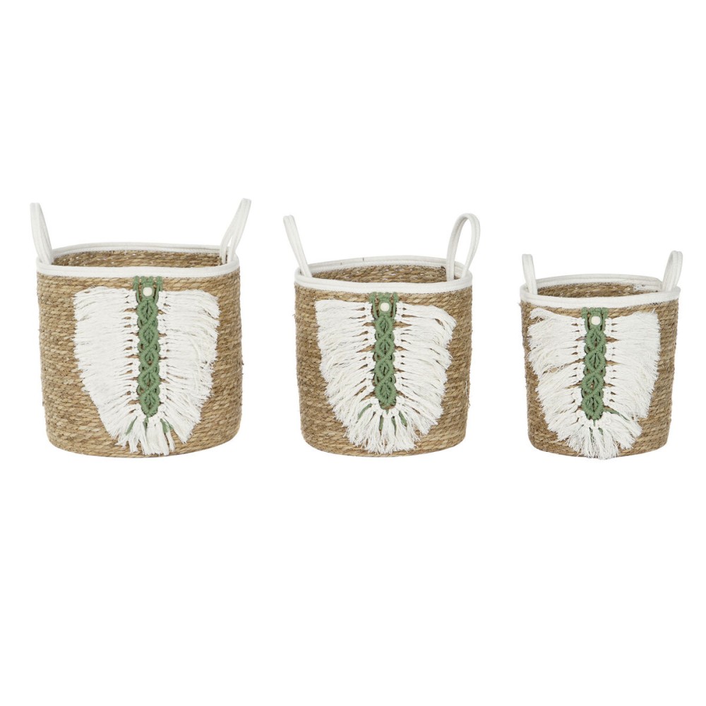 Set de basket Home ESPRIT Blanc Vert Naturel Fibre naturelle Tropical 39 x 39 x 36 cm 39 x 39 x 47 cm 3 Pièces