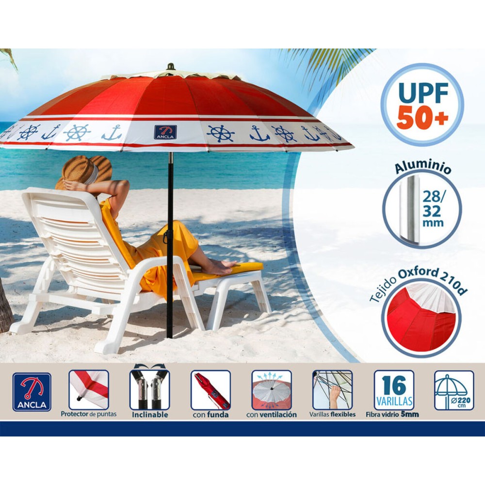 Parasol de plage Rouge Ø 220 cm SPF50+ Ancre