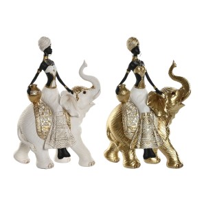 Deko-Figur Home ESPRIT Weiß Schwarz Gold Elefant Afrikanerin 21 x 11 x 32 cm (2 Stück)