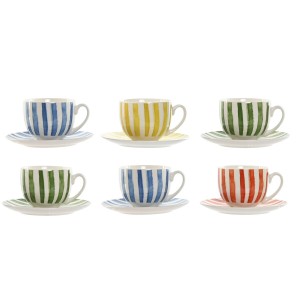 Set aus 6 Teetassen mit Teller Home ESPRIT Gelb Blau grün Koralle Porzellan Streifen Mediterraner 240 ml