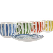 Set aus 6 Teetassen mit Teller Home ESPRIT Gelb Blau grün Koralle Porzellan Streifen Mediterraner 240 ml