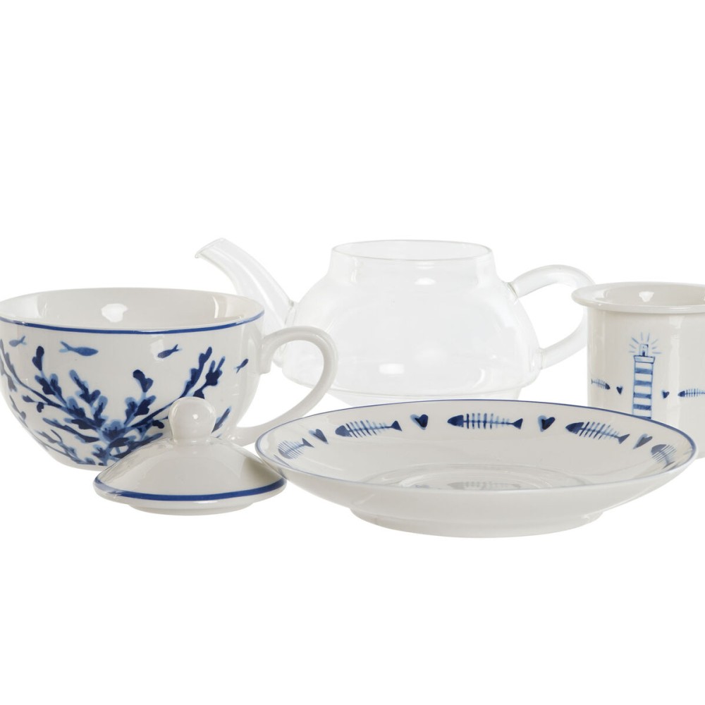 Théière Home ESPRIT Bleu Blanc Verre Porcelaine