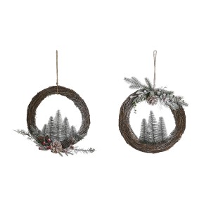 Couronne de Noël DKD Home Decor Naturel osier Ananas Enneigé 32 x 7 x 32 cm (2 Unités)