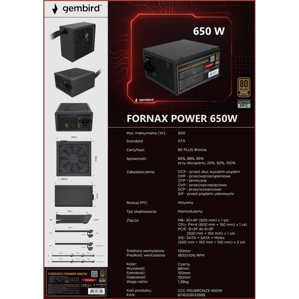 Power supply GEMBIRD CCC-PSUBRONZE-650W