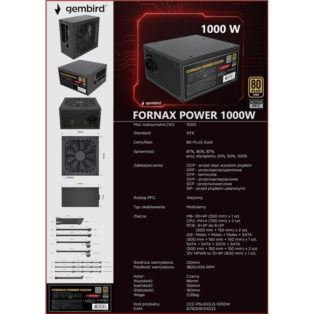 Stromquelle GEMBIRD CCC-PSUGOLD-1000W